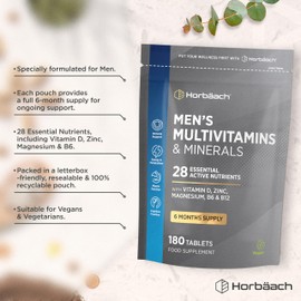 Multivitamin Tablets for Men | 180 Count | 28 Essential Nutrients | with Zinc, Magnesium, Vitamin D3, B12 and More! | Vegan Supplement | by Horbaach
