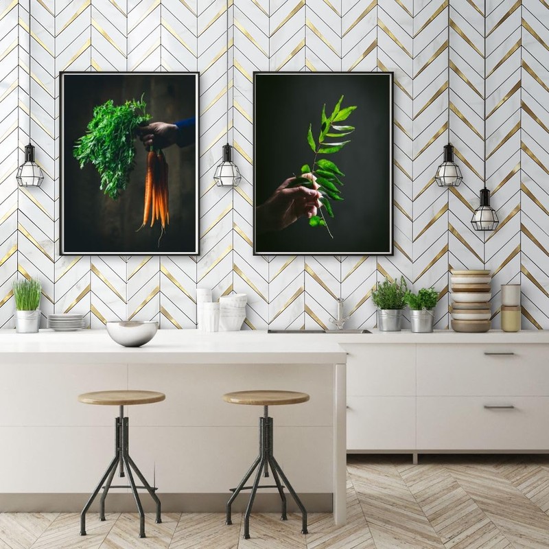 DICOFUN Polished White Marble PVC Mixed Metal Gold Herringbone Tile