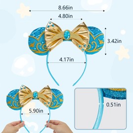 LYLIN Jasmine Princess Mouse Ears, Aladdin Mouse Ears Headband with Bow Hairs Accessories for Girls Women Adults Aladdin Blue Headband for Birthday Parties Cosplay Accessories Party Decorations