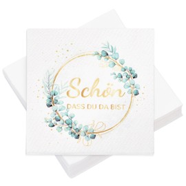100 Napkins Birthday Wedding Eucalyptus Schön Dass Du Da Bist Table Decoration, 3-Ply Napkins 33 x 33 cm, for Birthday, Wedding, Party Table Decoration