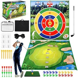 Natubeau Golf Chipping Game with Golf Hitting Mat and Club, 70"x70" Double Sided Golf Practice Mat & Dart Board Mat, Golf Games for Adults Outdoor Indoor, Golf Training Mat Kit Kids Family Yard Game funny golf