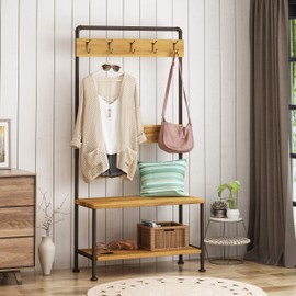 Christopher Knight Home Kay Indoor Industrial Acacia Wood Bench with Shelf and Coat Hooks, Teak Finish + Rustic Metal