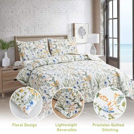 3-Piece Quilt Set Queen Size Floral Quilt Bedding Reversible Bedspread Coverlet Floral Leaves Bedding Summer Lightweight Quilt Yellow Green Flower Quilt Soft Microfiber Home Quilt Coverlet Bedding