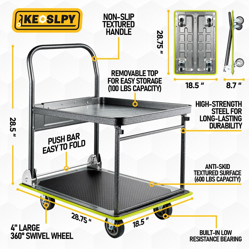 Keoslpy Upgraded Push Cart Dolly 700lbs, Foldable Platform Truck with