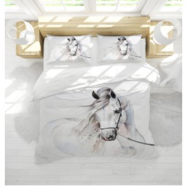 Bedding Duvet Cover Set 3D Print Horse Quilt Cover Bedding Sets 135×200cm, Animal Horse Print Microfibre Duvet Cover Set with 2 Pillowcases 50 ×75cm,for Boys Girls (135×200cm, White)