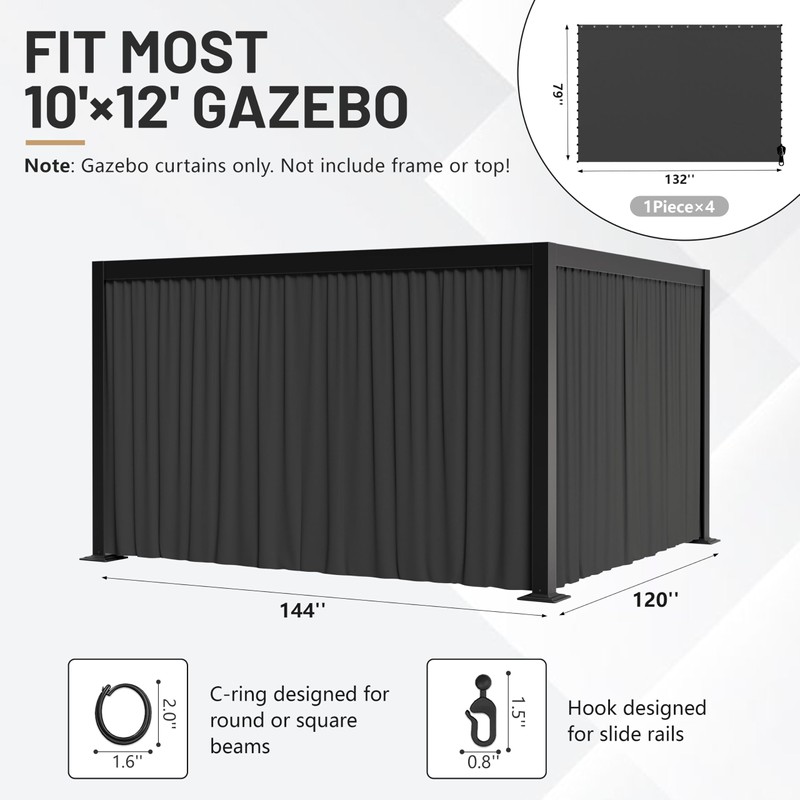 10'X12' Gazebo Curtains Outdoor Waterproof with Hanging Rings, 4-Panel Double