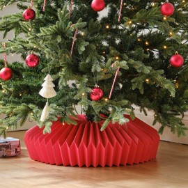 26in Honeycomb Christmas Tree Collar - Modern Folded Paper Christmas Tree Box Base Cover for 6ft 7.5ft 9ft Artificial Trees, Perfect Basket Skirt Collars Elegant Holiday Decoration(Red)