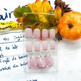 LWTZLW Fall French Tip Press on Nails Short Square Fake Nails Pink Glitter Full Cover Glue on Nails Gold French Tip Design Oval Acrylic False Nail Autumn Glossy Artificial Nail Reusable for Women