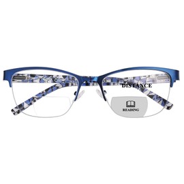 FONHCOO Bifocal Reading Glasses for Women, Metal Spring Hinge Blue Light Blocking Half Frame readers Anti UV/Glare/Eyestrain(Blue 2.0)