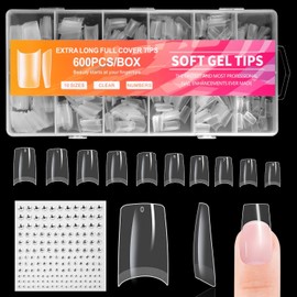 Nail Tips, 600PCS Soft Gel Half Cover Nail-Tip, Acrylic Nails Tips | Press on Fase Artificial Nails Tips, 12 Sizes NAIL Extensions Kit for DIY Manicure Nail Art Salon (Medium French, Frosted)
