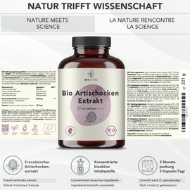 BIONUTRA® Organic Artichoke Extract Capsules High Dose, 3000 mg Daily Dose, 2.5% Cynarine, Residue-Controlled, German Production, No Additives, Artichokes from France, 270 x 700 mg