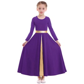 Z&X Girl's Praise Dance Full Length Wide Swing Long Sleeve Liturgical Worship Church Lyrical Dancewear Robe Skirt Dress, 08 Purple, Tag 140