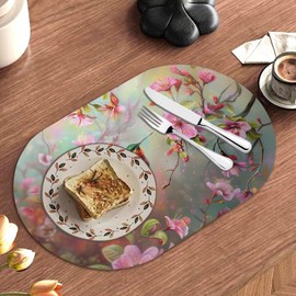 Garucesta PU Leather Placemats Set of 6 Oval Dining Mats Heat Resistant Flexible Table Centerpiece Mat Surface Protector for Kitchen Home Patio Decor, Hummingbird Flower Print