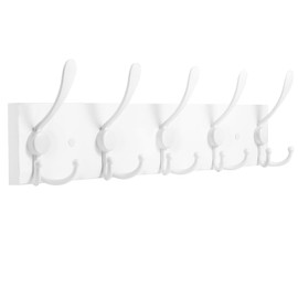 Kuhome Coat Rack Wall Mount Coat Hooks Wooden Hat Rack for Wall Hooks Pine Real Wood Plank 16.9" White Coat Hanger with 5 White Triple Hooks for Hanging Coat Hat Jacket
