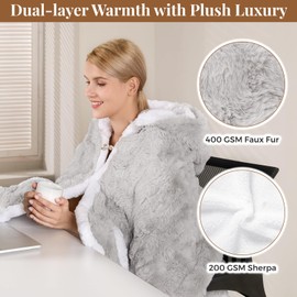 FAYKONCEN Wearable Heated Blanket Hoodie, Luxury Faux Fur & Sherpa Electric Throw Blanket, Heated Shawl Wraps Poncho with Pockets for Women Men, 3 Heat Levels & 12H Timer, ETL & FCC Certified 40"x70" Light Grey