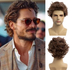 Baruisi Mens Short Brown Wig Natural Curly Fluffy Hair Wig Synthetic Cosplay Replacement Wig for Male
