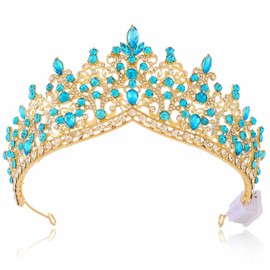 Brishow Light Up Rhinestone Gold Wedding Queen Crowns, Medieval Quinceanera Crystal Tiaras, Sparkly Pageant Headpiece for Women (Light Blue)