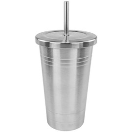 Stainless Steel Double-Walled Insulated Tumbler with Straw and Spill-Resistant Screw Top Lid, 20oz – Durable Travel Cup