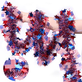 50 Feet Patriotic Tinsel Garland 4th of July Decorations, Red White and Blue Tinsel Metallic Glitter Garlands with Star Flag for Fourth July Independence Day Memorial Day Outdoor Indoor Decor