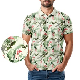 Tropical Hawaiian Golf Polo Shirt – Men’s Performance Moisture Dry Fit Athletic Flamingo Resort Wear Frisbee Disc Golf Funny (US, Alpha, 5X-Large, Regular, Regular, Hawaiian Palm Flamingos)