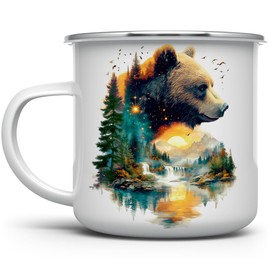 Nature Bear Enamel Camp Mug, Wild Life Animal Forest Trees Campfire Camping Cup, Mountain Outdoor Lover Gifts (12oz)