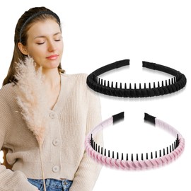Qianyu 2 Pieces No Slip Hair Bands for Women Adjustable Zig Zag Teeth Comb Hair Hoop Women Men Teen Girls Wavy Headband for Long Short Hair Daily Use Yoga Spa Parties Accessories(Black?Pink, One Size)