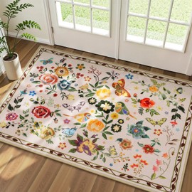 Rugflix 2x3 Small Area Rugs for Entryway, Washable Entrance Door Mat Non-Slip, Soft Low Pile Stain Resistant Vintage Floral Indoor Throw Rug for Kitchen, Bedroom, Hallway, Beige