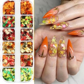 12 Colors Maple Leaf Nail Art Glitter Holographic Flakes Fall Nail Glitter Sequins Yellow Red Green Maple Leaf Nail Design 3D Autumn Laser Leaves Nail Art Decoration Supplies for Women Girls