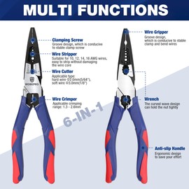 WORKPRO 7-in-1 Needle-Nose Pliers | Wire Stripper/Cutter/Crimper and Spanner | 8 inch Long Nose Pilers for 16-10 AWG (1.3-2.6mm) Wire | Cr-V Multi Hand Tools for Electrician