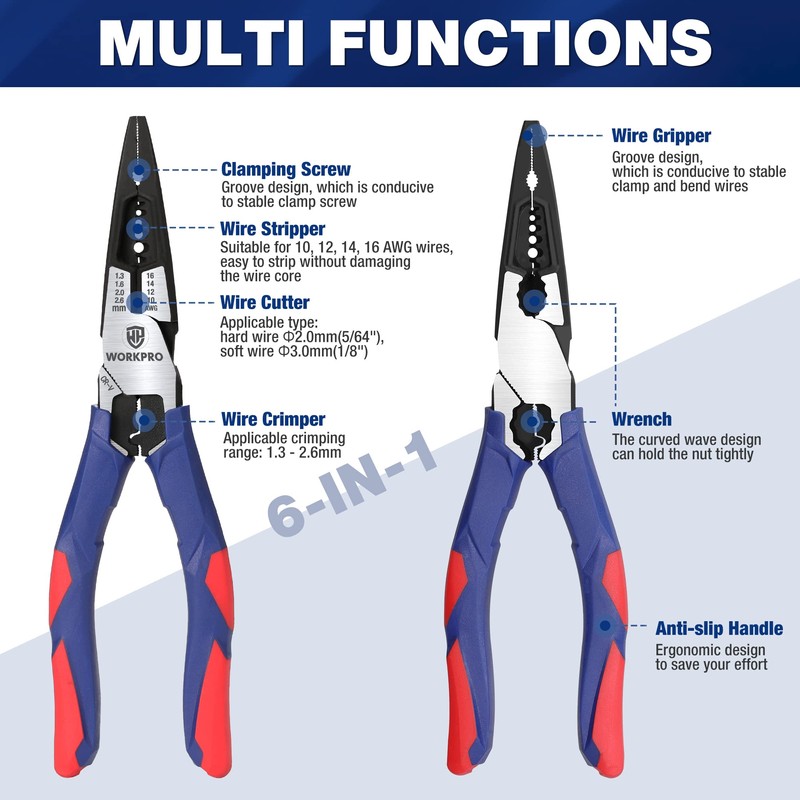 WORKPRO 7-in-1 Needle-Nose Pliers | Wire Stripper/Cutter/Crimper and Spanner |