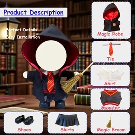 7-Piece Wizard Doll Clothes Set for 17cm Dolls – Fits The Monsters Exciting Macaron Series – Fantasy Outfit with Hooded Cloak, Shirt, Skirt, Sweater, Tie, Shoes & Magic Broom – Doll Accessories Only