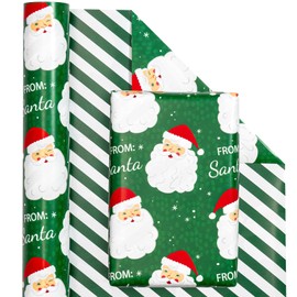 WRAPAHOLIC Reversible Christmas Wrapping Paper - Mini Roll - 17 Inch X 33 Feet - Green Santa Claus and Stripe Design for Chrsitmas, Holiday, Party Celebration
