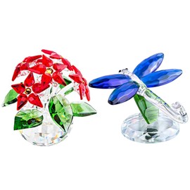 H&D HYALINE & DORA Handcrafed Crystal Cut Figurine Gifts,Crystal Poinsettia and Blue Standing Dragonfly Home Collection Paperweights