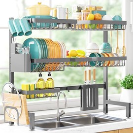 Sakugi Over The Sink Dish Drying Rack - Adjustable 3 Tier XX-Large Capacity Stainless Steel Drainer with Cutlery & Utensil Holders, Kitchen Storage & Organization, 31.5"-39.5"L x 12"W x 30.5"H, Gray