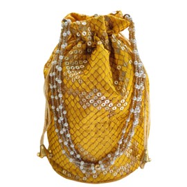 EliteKoopers Silk Indian Ethnic Sequin Potli Bag Batwa Clutch Purse Pearl Handbag For Wedding Evening Party (Yellow)