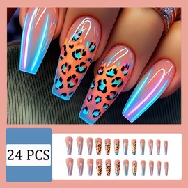 Aurora French Tip Press on Nails Long Square Fake Nails with Leopard Print Designs Glossy Full Cover Nude Glue on Nails Cheetah Nails Acrylic Stick on Nails for Women Girls Manicure Kit 24 Pcs