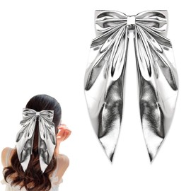 Big Hair Bows for Women Silver Bow Hair Barrettes Clip for Women Bowknot Hair Clips for Thin Thick Hair Accessories for Girls Long Ribbon Hair Clips for Women Spring Clip Barrette Bows