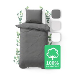JACOBSON Bed Linen 135 x 200 cm Set - 100% Cotton Duvet Cover 135 x 200 cm + 1 Pillowcase 80 x 80 cm, Percale Bed Linen 2-Piece with Zip (135 x 200 cm, Anthracite, 2-Piece)