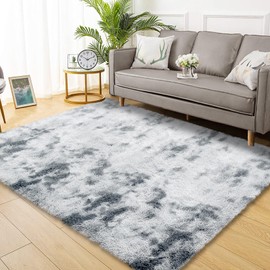 LUXLOOM 9x12 Fluffy Area Rugs Large Shag Rugs for Living Room, Fuzzy Shaggy Fur Rug for Kids Room Tie-Dyed Non Shedding Plush Throw Rug Furry Accent Rug Carpet Floor Cover for Bedroom, Light Grey