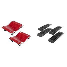 VIVOHOME Wheel Dolly Car Stakes 2 Pack Heavy Duty Car Tire Dolly 3000 lbs Moving, Red with VIVOHOME Car Service Ramps Low Profile Plastic 6 Ton Race Truck Ramps for Oil Changes