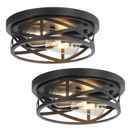 Youroke Black Flush Mount Ceiling Light 2-Pack, Industrial Metal Cage Semi Flush Mount Ceiling Light Fixtures, 11 Inch Farmhouse Close to Ceiling Light for Hallway Kitchen Bedroom Entryway