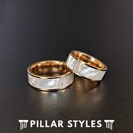 18K Rose Gold Ring Mens Wedding Band Mother of Pearl Tungsten Rings for Him 8mm 4mm Unique Polished Comfort Fit Nature Wedding Bands