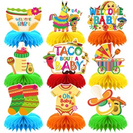 VorkiVecKi Mexican Newborn Shower Decorations - 9Pcs Fiesta Honeycomb Centerpieces for Mom to Be Gender Reveal Party Supplies Set Taco Bout A Baby Ornaments Table Toppers for Welcome Decor Props