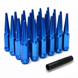 LUJIANI M14x1.5 Wheel Spike Lug Nuts, 24 PCS Lug Nut Wheel Accessories with 1 Socket Key, Blue Thread Spiked 4.4" Long Closed End Nuts Compatible with Chevy Silverado GMC Sierra 1500 2500 3500