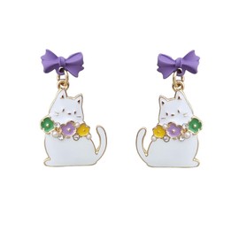 Bowknot Cat Studs Earrings for Women Girls 925 Sterling Silver Post Pin Cute Lovely Kitten Flower Wreath Statement Drop Piercing Earrings Amethyst Bow Colorful Enamel Hypoallergenic Jewelry
