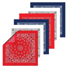 B53 100% Cotton Bandanas Made in the USA - Stylish Headband, Handkerchief, Scarf - 21 inch x 21 inch (Red, Navy, White (6-pack))