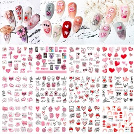 Girls Nail Sticker Pink Heart Letter Love Nail Art Decals for Nail Art Decoration Watermark Designs Foil Nail ArtManicure Tips (12in1)