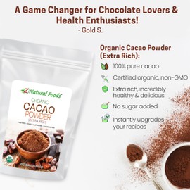 Z Natural Foods Organic Cacao Powder - Unsweetened Nutrient-Dense Superfood for Healthy Aging - Extra-Rich Dark Chocolate Flavor Perfect for Chocolate Recipes, Shakes or Smoothies, 5 lbs