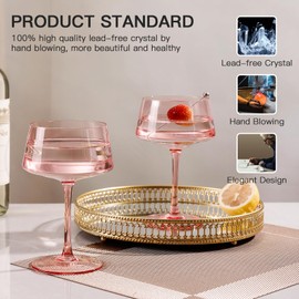 JOVGANK Pink Martini Glasses Set of 6, Hand Blown Colorful Cocktail Glasses 13Oz, Premium Crystal Coupe Glasses, Large Margarita Glasses, Bar Drinking Glasses, Gift for Christmas, Party, Pink