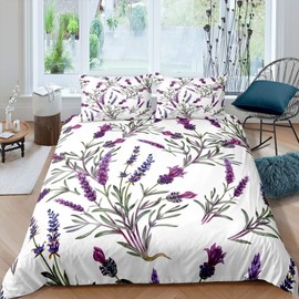 Loussiesd Lavender Comforter Cover Set,Purple Lavender Blossom Flower Print Bedding Duvet Cover Set Nature Theme Botanical Bedspread Quilt Cover Floral Print Bedroom Gift Decor 2 Pcs Single Size